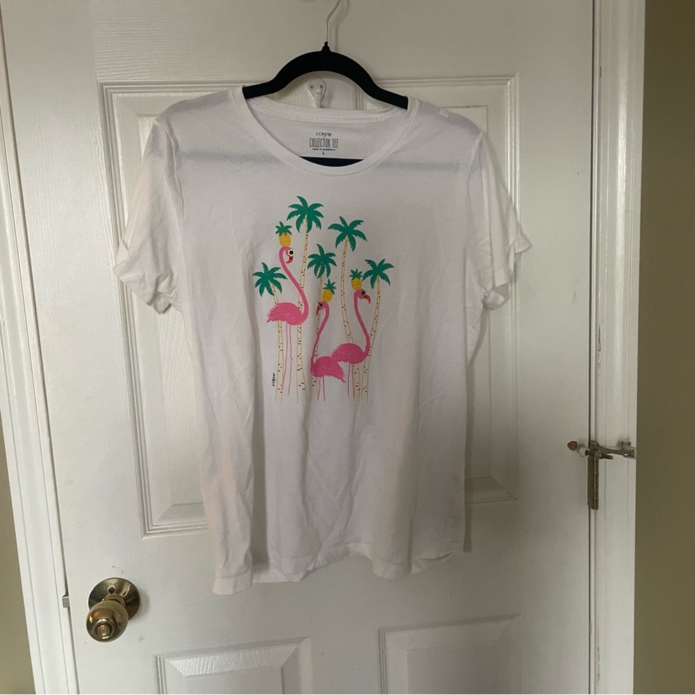 J. Crew White T-Shirt with Flamingo and Palm Tree Print
